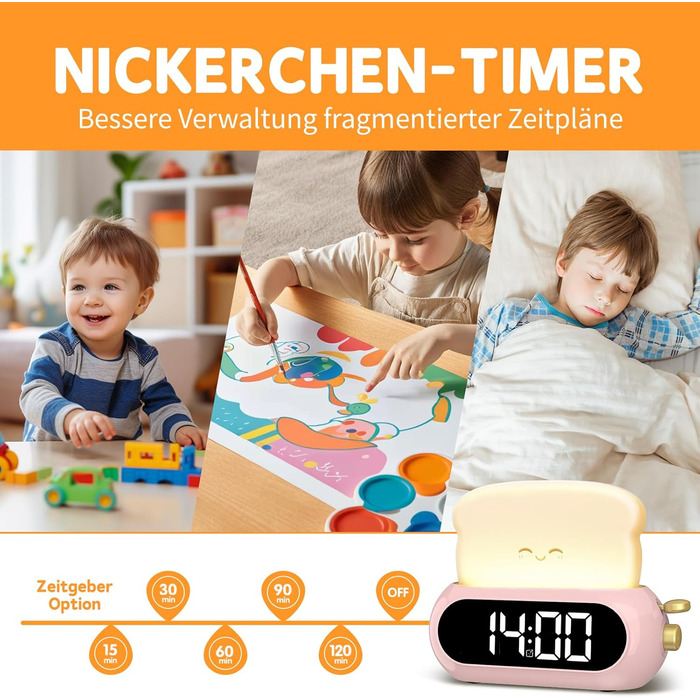 Kids Alarm Digital Clock, Children's Alarm Clock with Night Light, LED Display, 10 Ring Tones, 5 Brightness Levels, Timer, Snooze Function, Light Alarm Clock for School Beginners Girls Boys, Plug-in Power Adapter
