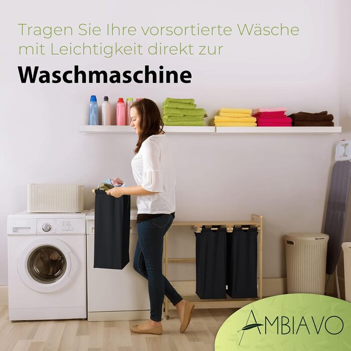 AMBIAVO® Laundry Basket with 3 Compartments and Wheels [black, 100% cotton, bamboo, 90 l volume] | Laundry Collector for dirty laundry | Laundry sorting system | Laundry sorter wood | Laundry box | laundry baskets