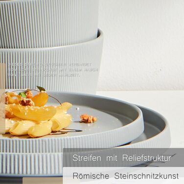 Набір посуду Jiwoo для 4 осіб (12 предметів): тарілки, десертні тарілки, супові миски. Bone China, матовий сірий колір, для мікрохвильовки та посудомийної машини