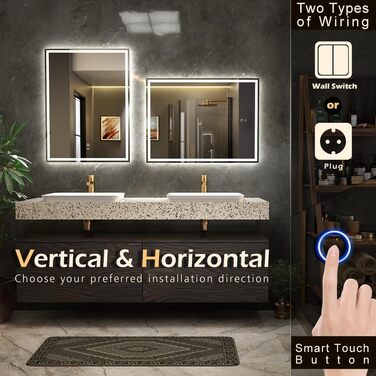 LED дзеркало для ванної кімнати KWW 80x100 см з підсвічуванням, протитуманне, регульоване освітлення, настінне, з сенсорною кнопкою