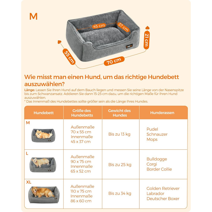 Ліжко для собак Feandrea, м'який лежак для собак з льоновим покриттям, кошик для собак, підняті бортики, неслизьке дно, знімний та пральний чохол, M, для маленьких собак, 70 x 55 x 21 см, світло-сірий