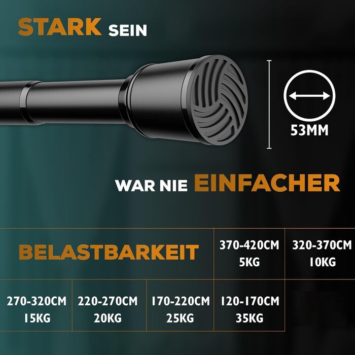 Штанга для штор без свердління 370-420 см, чорна, Ø 32 мм - штанга для кріплення штор, душової кабіни, дверей та шафи