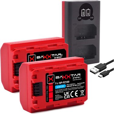 Акумулятор Baxxtar NP-FZ100 2600mAh + Двоканальний зарядний пристрій USB-C для Sony Alpha 6600/6700/7 III/IV/7R III-V/7S III/7C/A9/FX3/FX30/ZV-E1 - Комплект