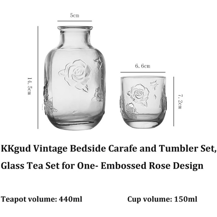 Vintage bedside table carafe and cup set, glass tea service for one person, embossed rose design (transparent)
