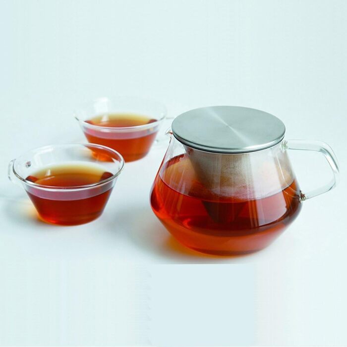 Kinto Unitea One Touch Teapot made of stainless steel, heat-resistant glass teapot with stainless steel infuser in the lid (Japan Import) (850ml, Silver)