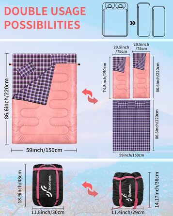 Сплячий мішок Outdoor Sportneer для 2 осіб: двомісний спальний мішок для відпочинку на природі, 3 сезони, 220x150 см, 2.75 кг з 2 подушками, дорослий ковдровий спальник для сім'ї (без фланелевої підкладки) (Рожевий)