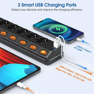 Мережевий фільтр 6-фазний з індивідуальним вимикачем, USB-C (PD 20W) та 2 USB-A, захист від перенапруги (3680W/16A), 3м кабель, чорний