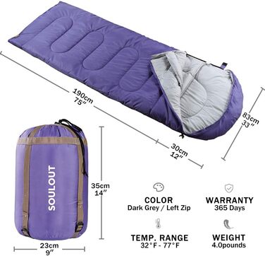 SOULOUT 3-4 Season Sleeping Bag - Waterproof Lightweight Sleeping Bag for Camping, Travel & Outdoor Activities - Ideal for Adults & Kids - 220x83cm (Purple/Right Zip)