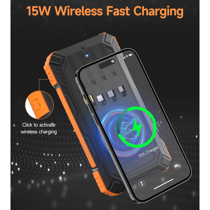 Портативний зарядний пристрій Solar Powerbank 56800 mAh з бездротовою зарядкою, 30W PD, 6 виходів, ліхтарик, велика ємність для кемпінгу та подорожей (Помаранчевий)