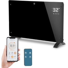 Скляний конвекторний обігрівач Daromigo 2000W з термостатом та Wi-Fi, IP24, настінний, енергозберігаючий, чорний