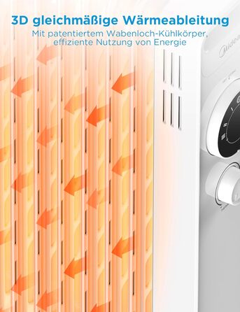 Масляний радіатор Midea NY2009-22M 2000Вт, 9 секцій, економний, тихий, електрообігрівач з термостатом, 3 режими, захист від перегріву та перекидання, ECO-режим, швидкий нагрів, портативний, білий