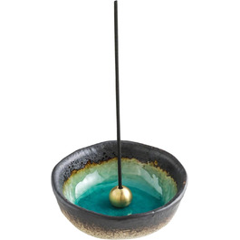 Asayu Japan Mini Incense Holder - Aquamarine - For 83 mm Incense Sticks, Made in Japan, Traditional Ceramic Ash Catcher, Includes Detachable Brass Stand - For Yoga, Meditation, and Relaxation