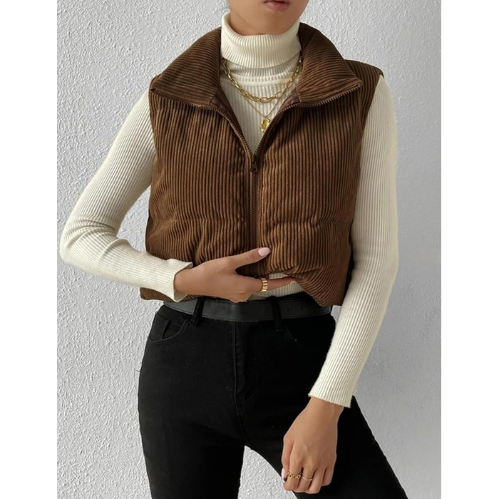 Жіноча жилетка Gihuo з наповнювачем Cord, кроп-силует, комір-стійка, на блискавці, без рукавів, коричнева