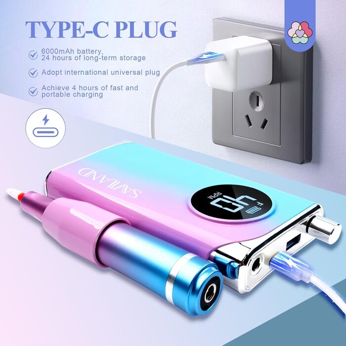 Електричний апарат для манікюру та педикюру Saviland 12 в 1, 40000 обертів/хв, USB, з набором фрез, блакитно-фіолетовий градієнт