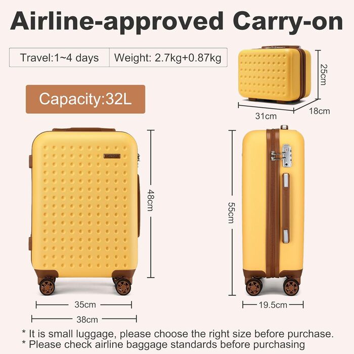 Чохол-валіза KONO з ABS-пластику, 65 x 42.5 x 25.5 см, з TSA-замком, білий, 24'M (жовтий, косметичка+20')