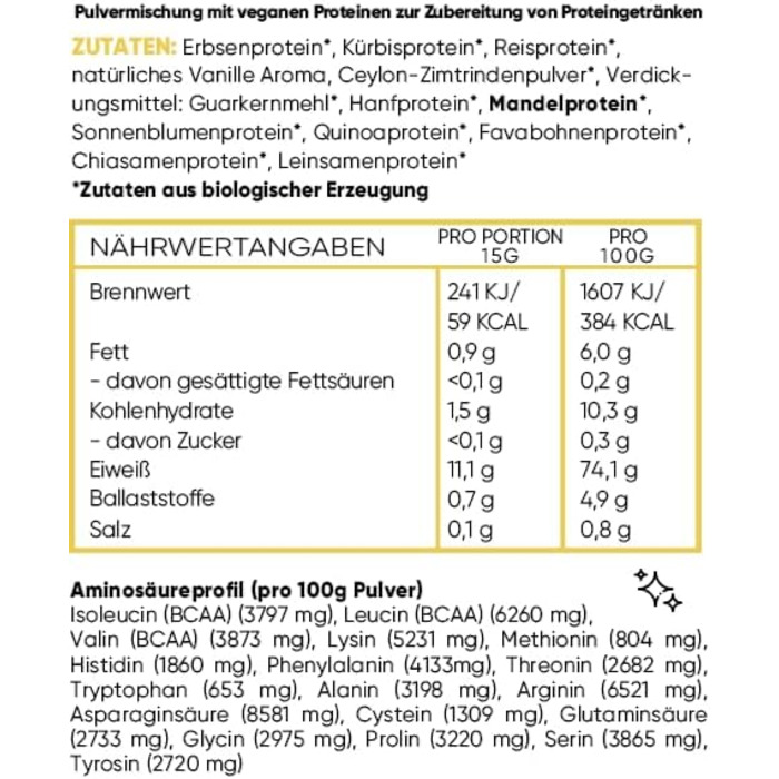 BIO Protein vegan | Vanilla | DE-ÖKO-006 | 10 plant-based protein sources | Without sweeteners | Soy & Gluten-free | Premium quality from Lake Constance | Made in Germany (1000g, Vanilla)