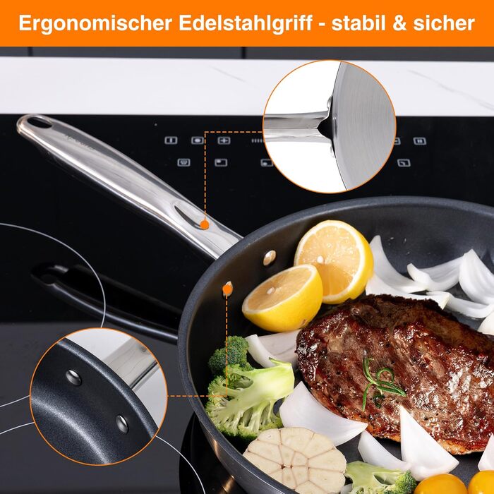 Набір сковорідок 3 шт. з нержавіючої сталі з антипригарним покриттям, 20, 24, 28 см, для всіх типів плит