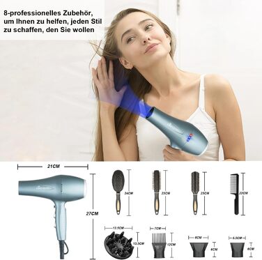 Фен Basuwell Ionen Pro 2100W з дифузором: 3 режими, 2 швидкості, інфрачервовий, AC-двигун (срібний)