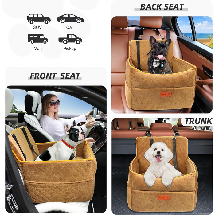 Автомобільний лежак для собак, підходить для малих та середніх порід, з кишенями для зберігання, поводок, посилений лежак для собак у авто, підходить на заднє та переднє сидіння (Колір: Коричневий)