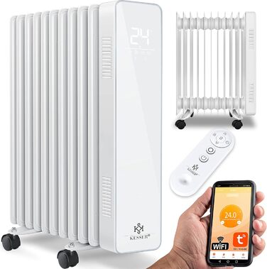 KESSER® 2500W Oil Radiator Mobile Electric Heater – Energy-Saving with WiFi App Control & LED Touch Display Remote Control Oil Radiator Heater Electric 11-Rib Radiator 24h Timer Overheat Protection White