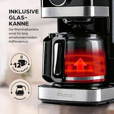 Кавомашина Barista Filterkaffeemaschine з регульованим м'яльним жорном та термокружка | Функція підігріву, таймер 24 години та постійний фільтр | Для 10 чашок кави | Кавомашина для зерен та меленої кави [Нержавіюча сталь] (10) Чорний колір - скляна колба 