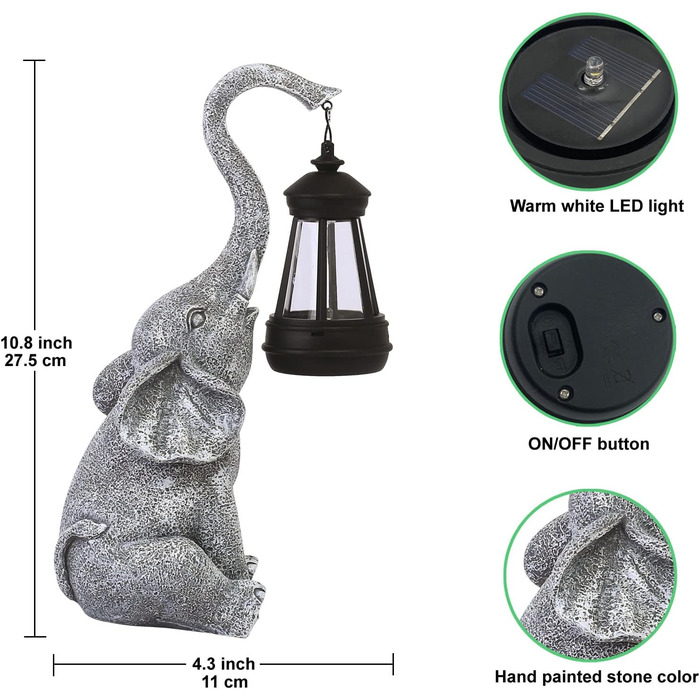 Yeomoo Elephant Decoration with Solar Lantern Garden Figures - for Outdoor Garden Decor with Weatherproof LED Solar Lamp for Balcony Garden, Gifts for Women Men Mom Birthday Gift Grey