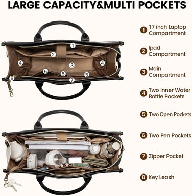 Сумка для ноутбука LOVEVOOK жіноча водонепроникна для роботи, університету (17 дюймів, чорно-бежева). Бізнес-сумка, портфель, сумка для вчителя зі шкіри.
