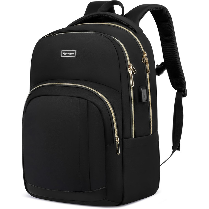 Рюкзак шкільний YIORMIOR для підлітків, чоловіків та жінок, 35L, USB-порт для зарядки, 15.6 дюймів, чорно-золотий