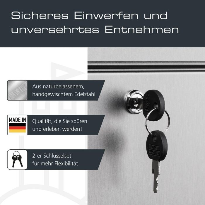 Поштова скринька Burg-Wächter з газетницею та табличкою для імені, нержавіюча сталь, формат DIN C4, 2 ключі, AMZ 2500 NI