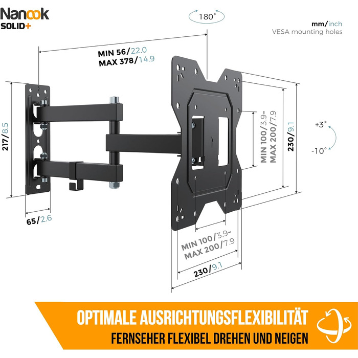 Настінний кронштейн для ТБ Nanook SOLID+ поворотний та нахильний, для телевізорів 40-77 дюймів, VESA 600x400, витримує до 45 кг, універсальний