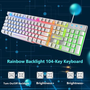 Ігровий набір клавіатури, навушників та миші: клавіатура 104 клавіші з підсвічуванням Rainbow, миша 2400DPI, навушники 7.1 Surround Sound RGB, легка конструкція, комбо для PS4/Xbox (потрібен адаптер), білий колір