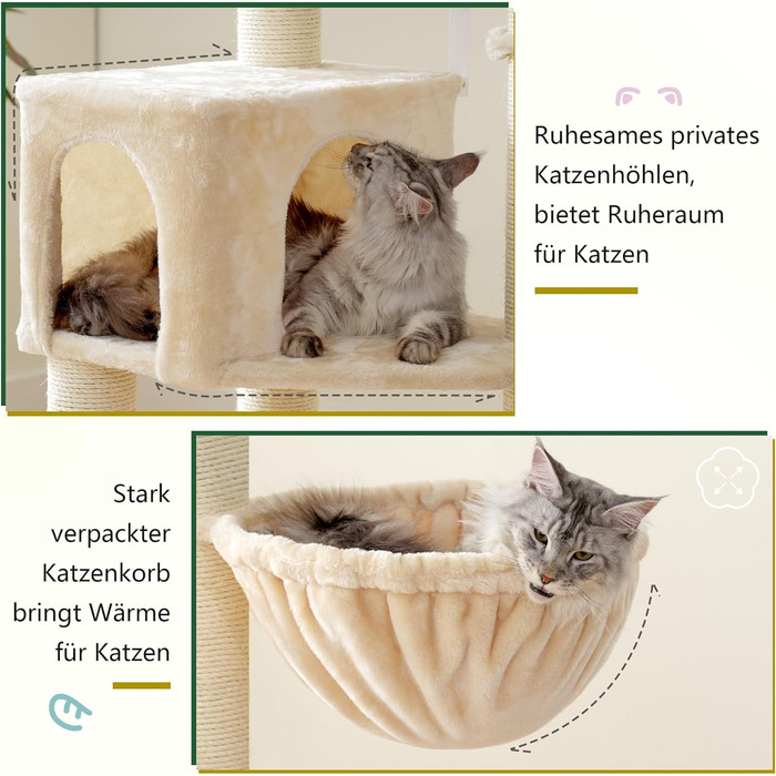 Кігтеточка XXL для мейн-куна, 168 см, з гамаком, сизаловим стовпом (φ11 см), когтеточкою, 2 платформами, будиночком, корзиною, бежева EMPJ01M