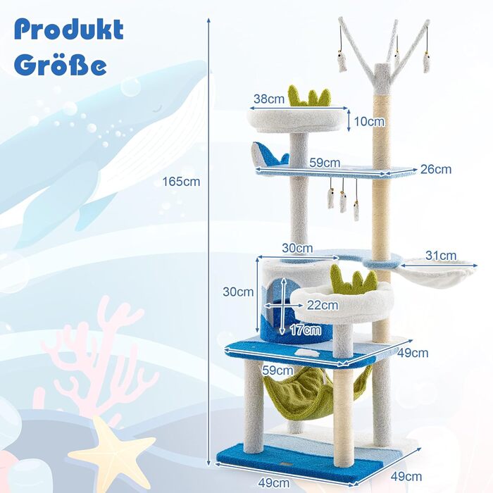 Кігтеточка для котів COSTWAY Ocean-серія з будиночком, гамаком та іграшками, блакитна (59x49x165 см)
