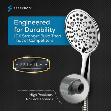 Душова лійка SparkPod з високим тиском, хром, 15 см, XXL, довгий шланг, розкішний дизайн, швидкий монтаж без інструментів