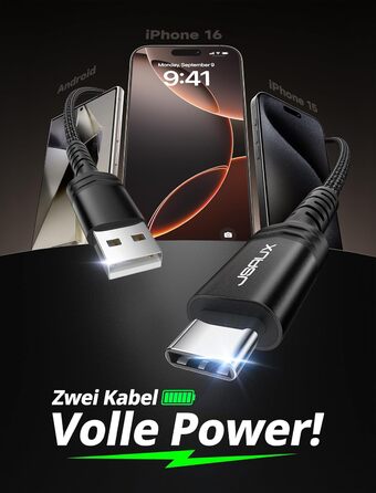 Кабель USB-C JSAUX 2 шт. (2м), 3.1A, нейлон, швидка зарядка, сумісний з Samsung Galaxy, iPhone, CarPlay, PS5