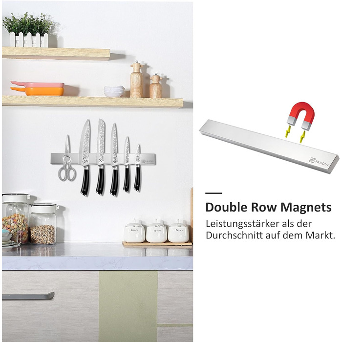 PAUDIN Magnetic Knife Strip 45 cm - Magnetic Knife Holder for Kitchen Knives made of Stainless Steel with Extra Strong Magnet as Knife Holder for Wall, Self-Adhesive for Kitchen Utensils or Tools