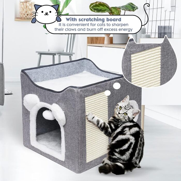 Складане будиночок для котів, великий, з когтеточкою та плюшевою кулькою (сірий)
