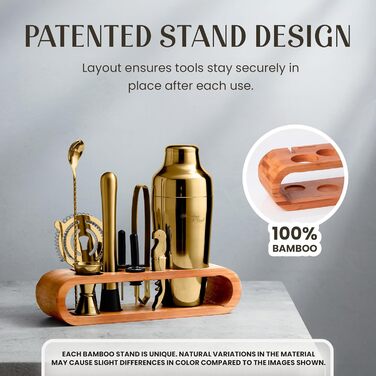 Набір для коктейлів та міксології Edles (10 предметів) - Шейкер з нержавіючої сталі, дерев'яний підставка з махагоні, золотий колір