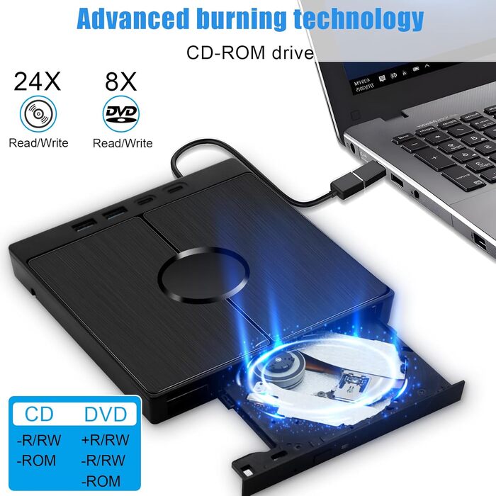 Зовнішній CD/DVD привід USB 3.0 Type-C з картридером SD/TF, портативний CD/DVD записувач для ноутбука, ПК, MacBook (Windows, macOS, Linux)