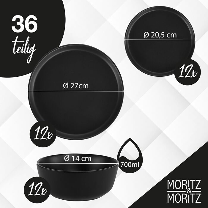 Набір посуду Moritz & Moritz NORDIC на 12 осіб (36 предметів) - чорний, кераміка, скандинавський дизайн