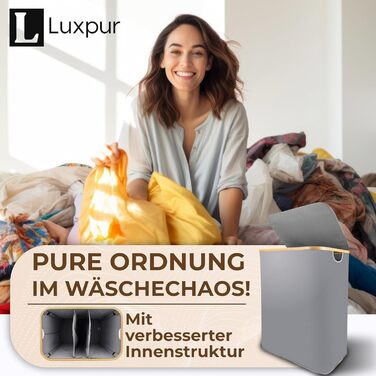 Luxpur® кошик для білизни XXL з кришкою, 3 секції, бамбук, складаний органайзер для сортування білизни