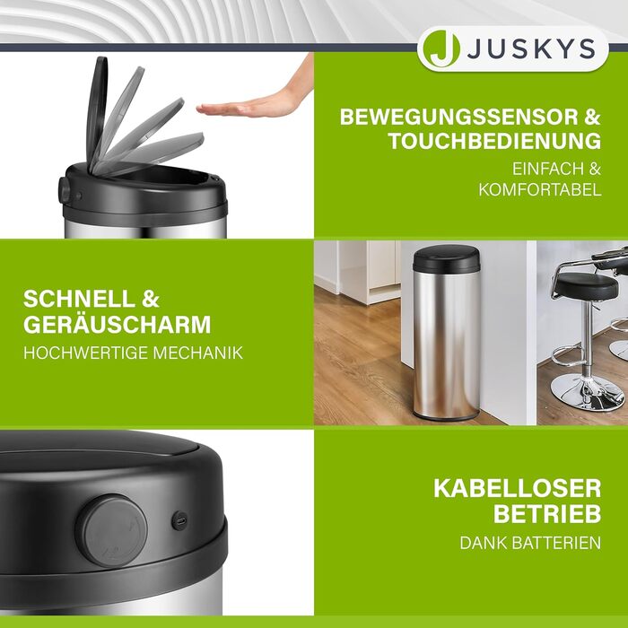 Відро для сміття Juskys з датчиком руху, 30 л, нержавіюча сталь, з кришкою-кліпсою для пакетів, безконтактне відкриття
