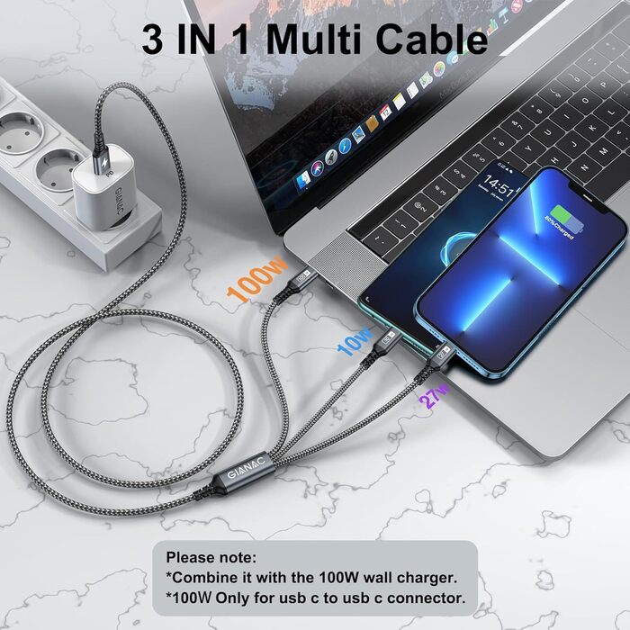 Кабель USB-C на 3 роз'єми 100W (1.2м) з E-Mark чіпом для Galaxy, iPad, MacBook, iPhone (сірий)