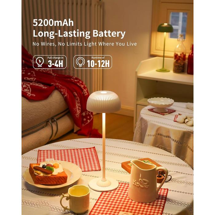 Світлодіодна настільна лампа бездротова LED для вулиці та дому, диммована, з акумулятором 5200mAh, водонепроникна IP54, чорна (D-біла)