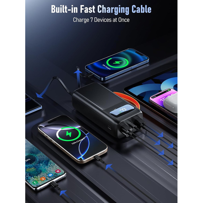 Портативний зарядний пристрій Power Bank 50000mAh з PD 30W, LED-дисплеєм, 7 виходами, ліхтариком та USB-C кабелем. Чорний.