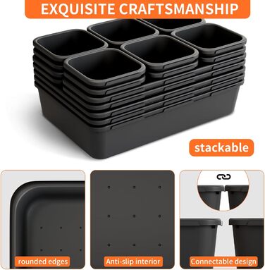 45 Piece Drawer Organizer Set for Office with 3 Sizes, Vanity Makeup Organizer Drawer, Storage Desk Organizer Drawer System for Kitchen, Bedroom, Bathroom, Office, Grey (4 - Sizes, Black (25 Pieces))