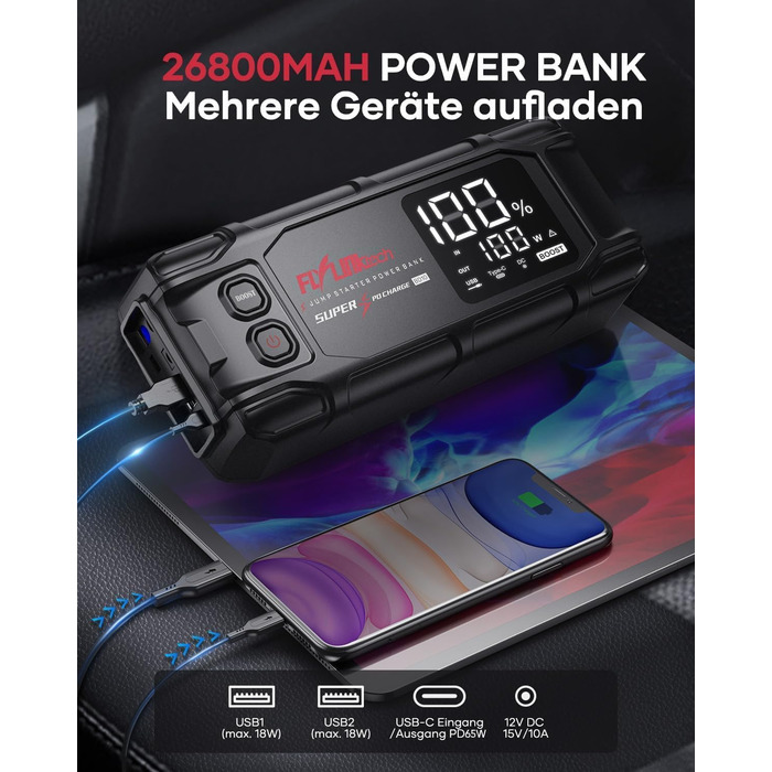 Powerbank Flylinktech 8000A для авто: 26800mAh, 8000A, PD65W, Jump Starter для бензинових та дизельних двигунів (до 12.0L)