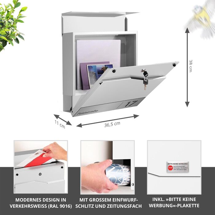 Поштова скринька біла з газетницею TRELLEBORG (RAL 9016), персоналізована - з іменем, вулицею та номером будинку, з комплектом для монтажу. Металева, сучасна.