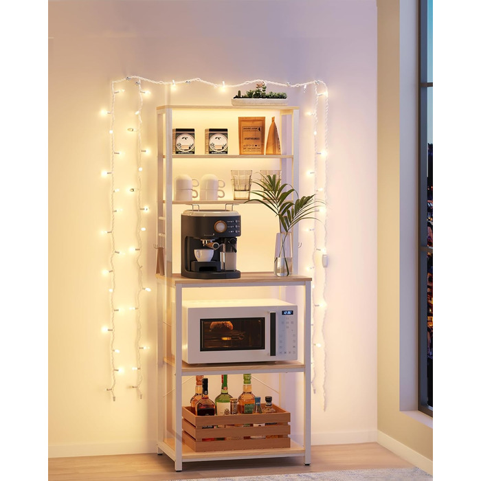 Поличкова стійка VASAGLE для кухні з 6 полицями та гачками, сталевий каркас, горіховий колір + білий, 40 x 60 x 167 см