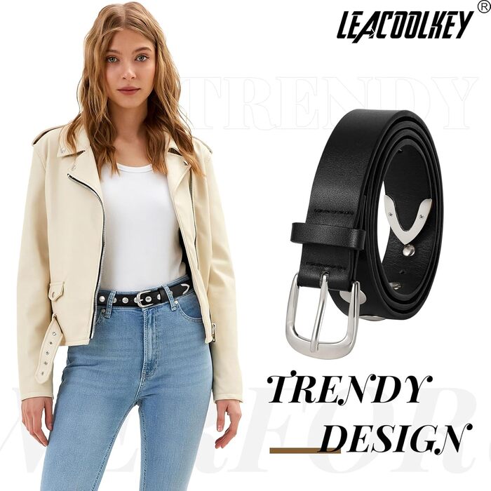 LEACOOLKEY Жіночий шкіряний ремінь для джинсів, пояс, шкіряний ремінь у стилі панк з пряжками, ремінь з шипами, розмір M (82-91 см), розмір XXL (113-122 см)
